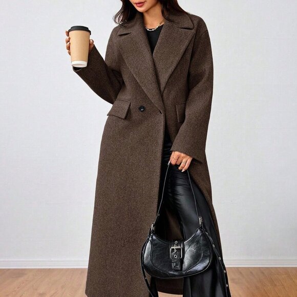 Coffee Brown Casual Women's Lapel Long Coat - Picture 4 of 6